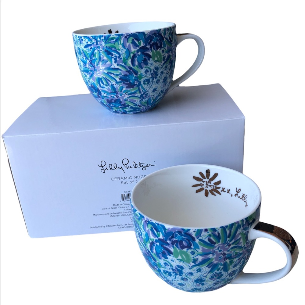 Lilly Pulitzer Set of 2 Ceramic Mugs Blue Purple Green White Gold